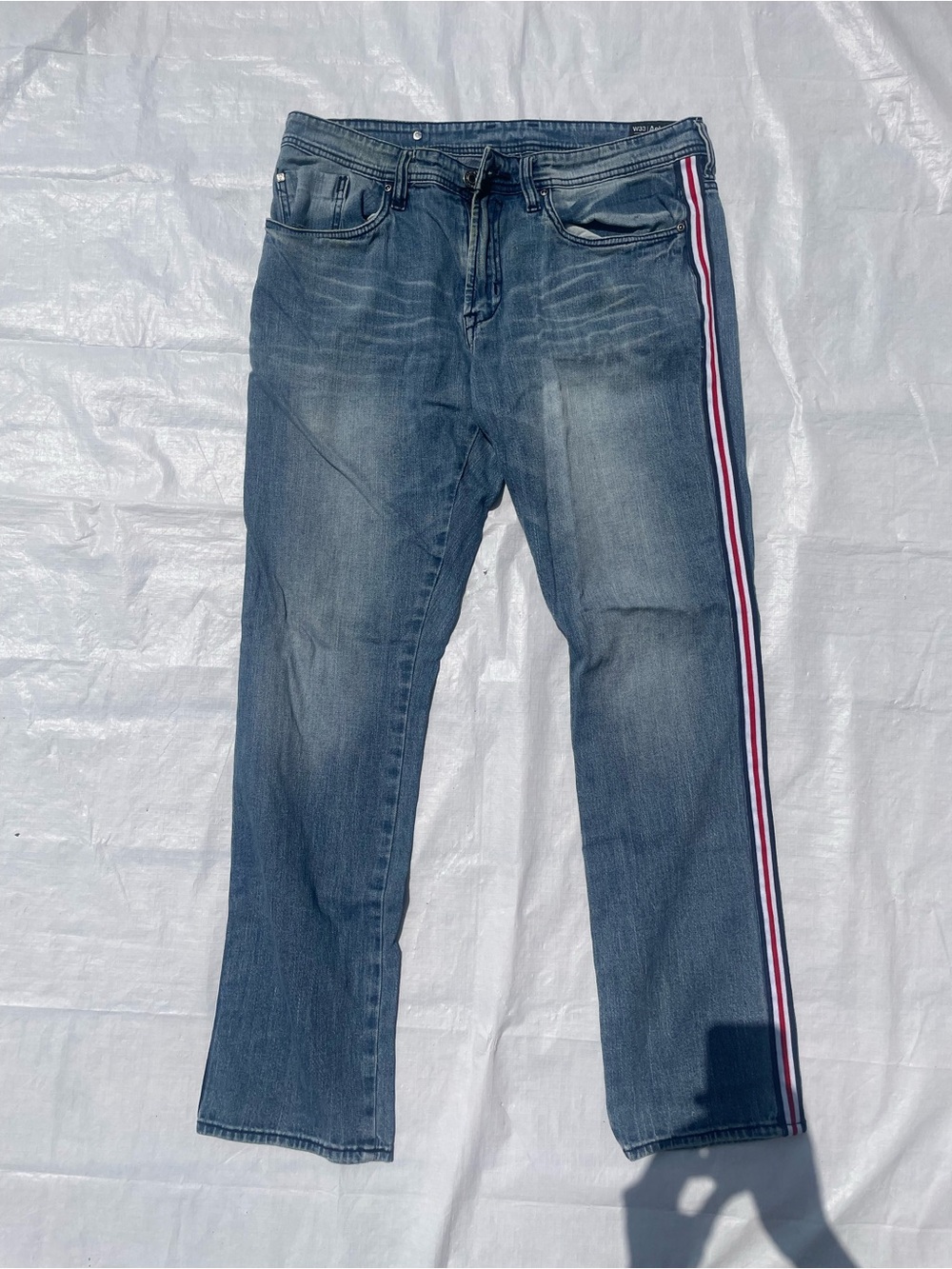 Buffalo David Bitton Men's Blue Jeans with Red-White-Blue Side Stripe